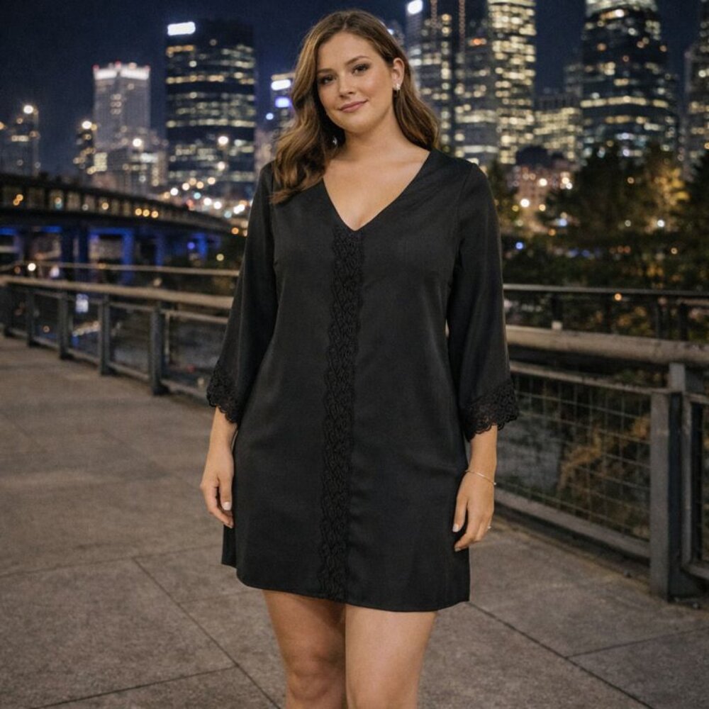 ASTR Womens Black Mini Dress with Lace Detail Size Medium Boho Chic - Picture 2 of 8